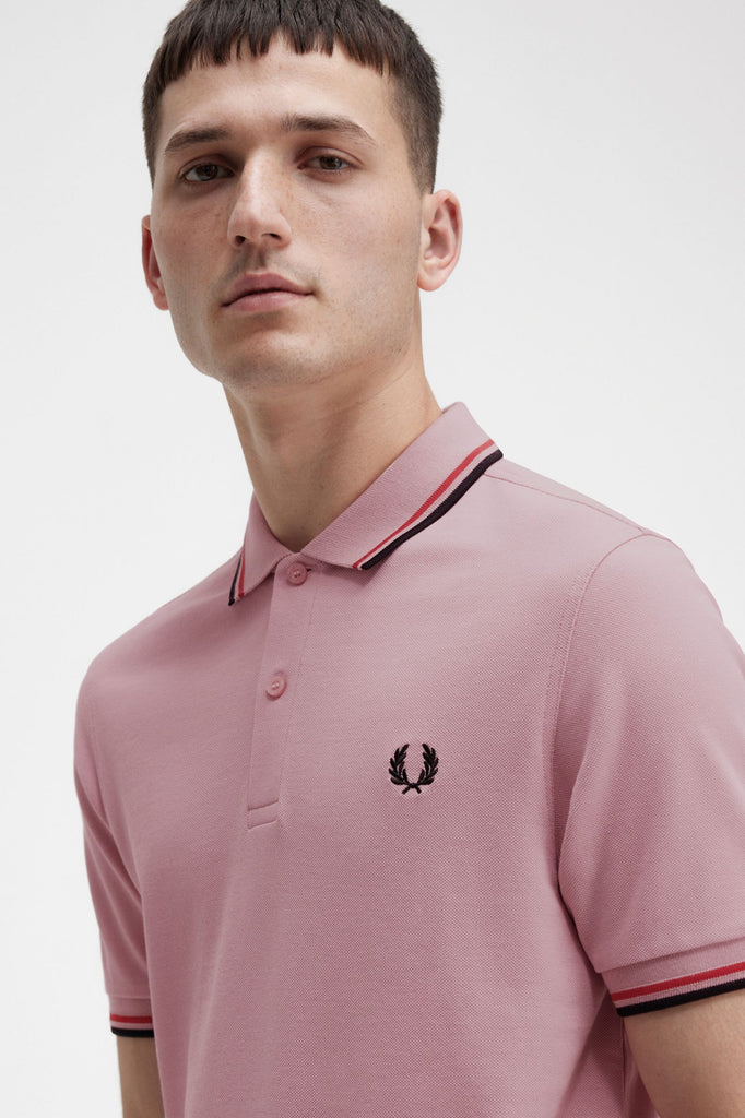 Twin Tipped Fred Perry Shirt in Chalk Pink / Washed Red / Black-polo-Heroes