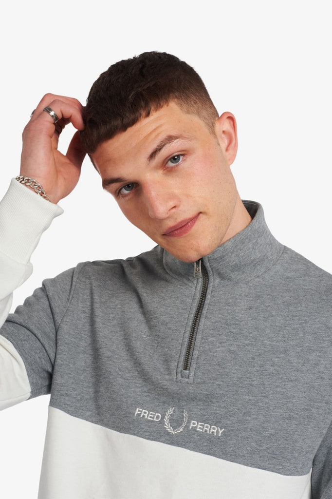 Fred Perry Colour Block Half Zip Sweatshirt White-sweat-Heroes