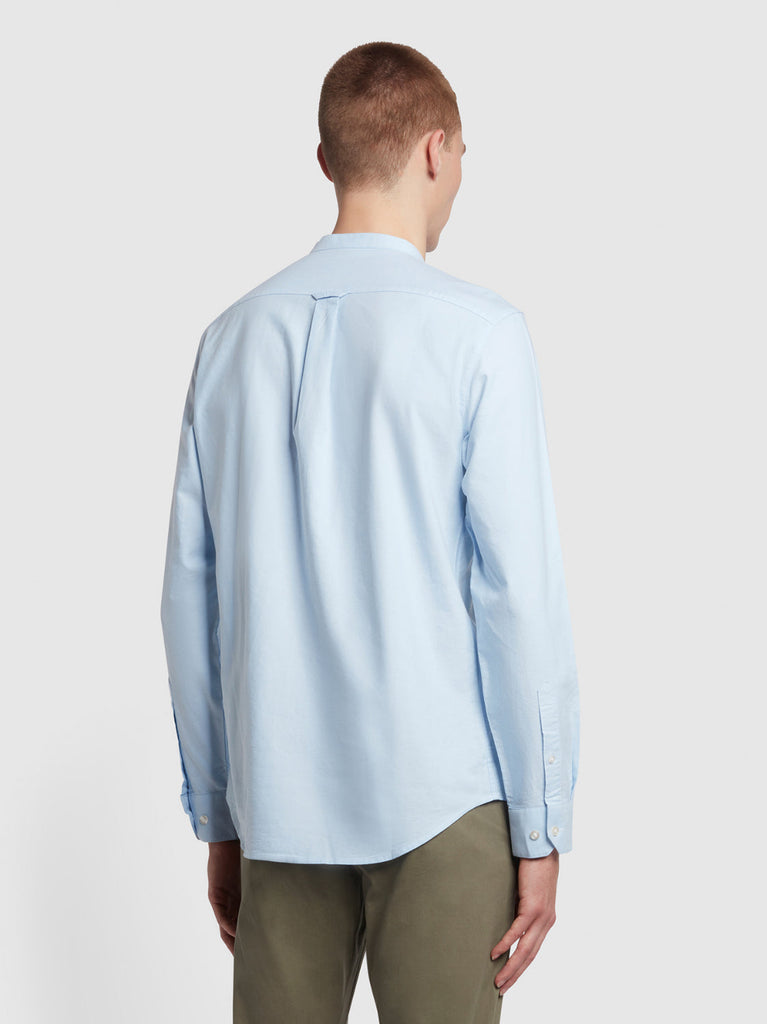 Farah Brewer Slim Fit Grandad Organic Cotton Oxford Shirt In Sky Blue-shirt-Heroes