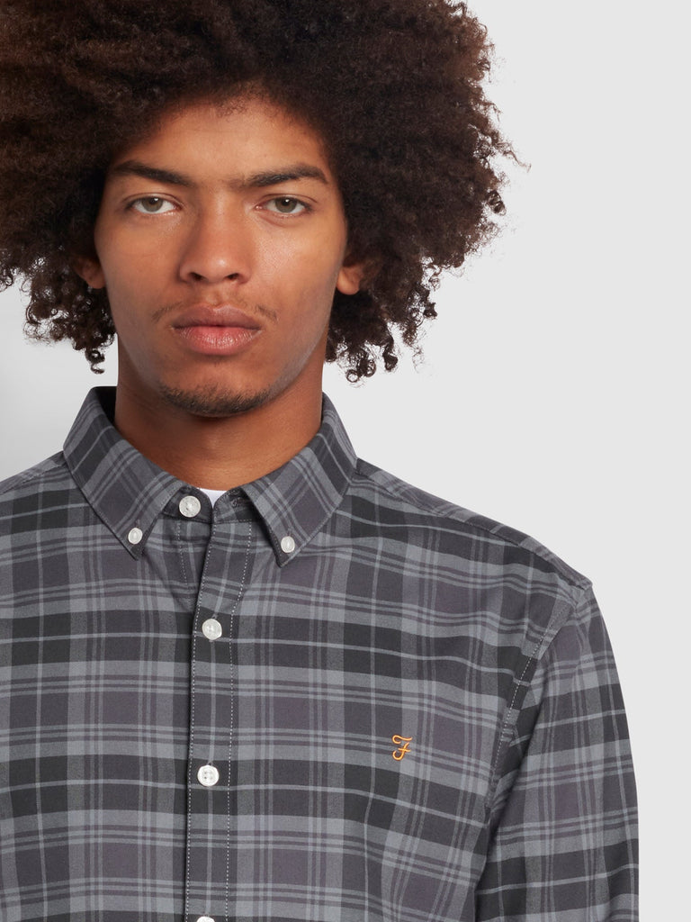 Farah Brewer Slim Fit Organic Cotton Check Oxford Shirt In Battleship Grey-shirt-Heroes