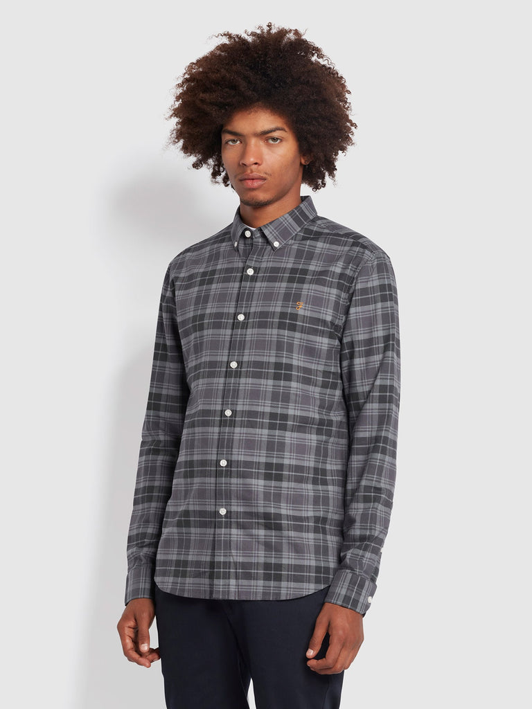 Farah Brewer Slim Fit Organic Cotton Check Oxford Shirt In Battleship Grey-shirt-Heroes